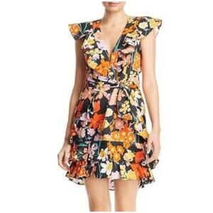 Saylor Mini Dress Womens Small XS Black Orange Floral Tiered Deep V-Neck